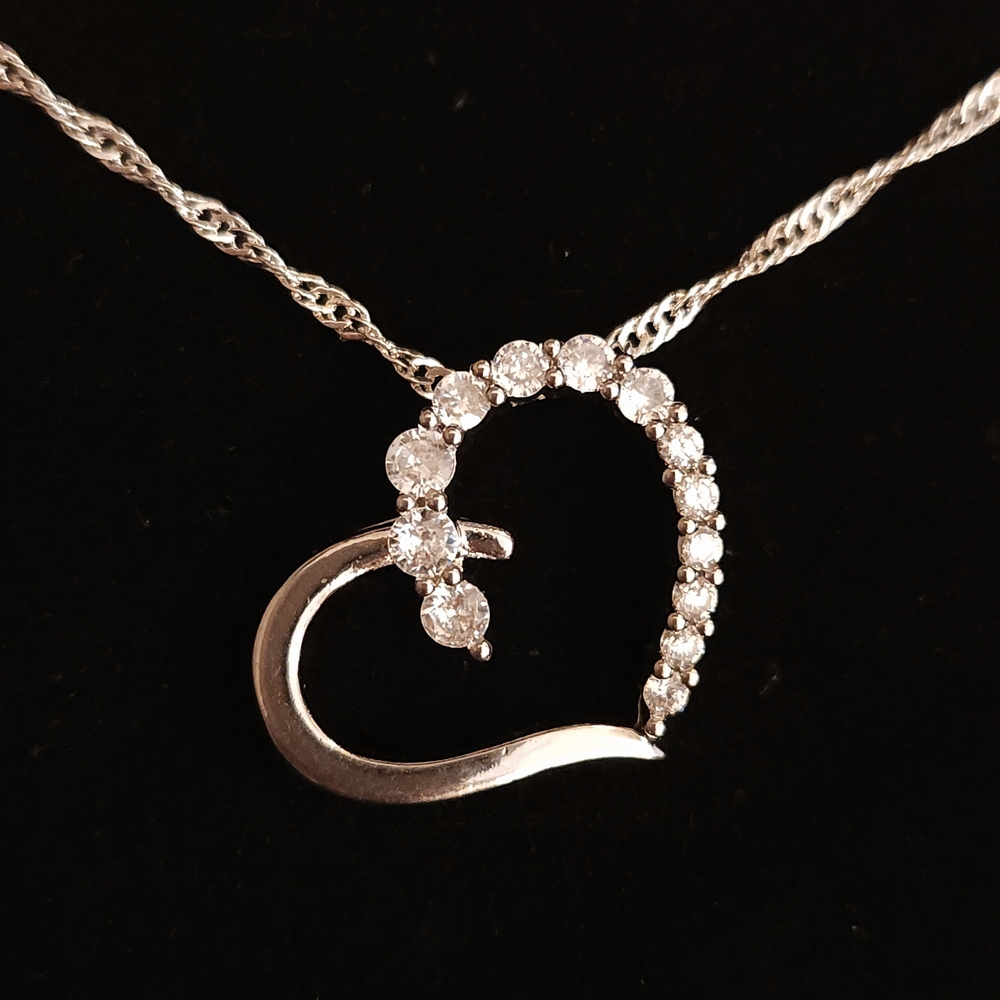 Silver Heart Pendant Necklace With Sparkling Crystal Accents